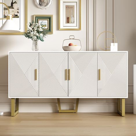 Tanant – Buffet blanc 150 cm avec 4 portes – Garniture texturée brillante – Poignées dorées – Étagères réglables – Style moderne (1/5)