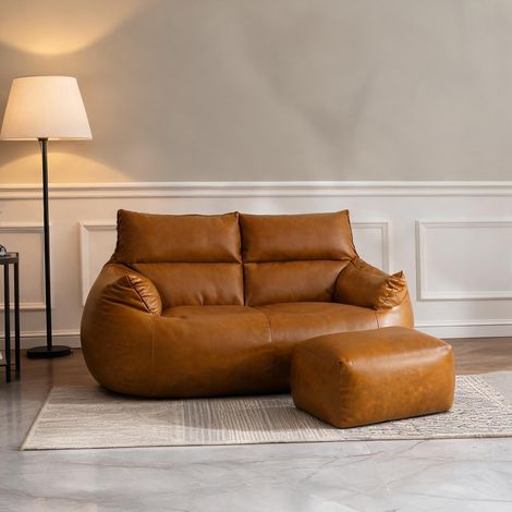 Pouf poire double en simili cuir tech avec ottoman 135 cm marron (1/5)