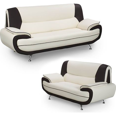 Mobilier Deco – Canapé droit 3 places en simili cuir blanc et noir – Pieds chromés – Design moderne et élégant – Pour salon contemporain (1/5)