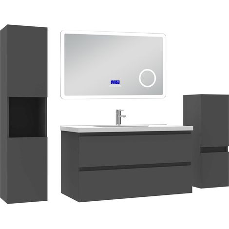 Acezanble ensemble meuble salle de bain 100 cm anthracite avec 2 tiroirs à fermeture automatique, lavabo céramique + miroirBluetooth + 2 colonnes, suspendu (1/5)
