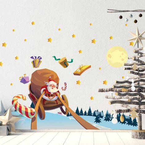 Sticker Noël le père noël à la recherche des cadeaux - Autocollants stickers adhésifs noël - décoration fêtes - 120x180cm (1/5)