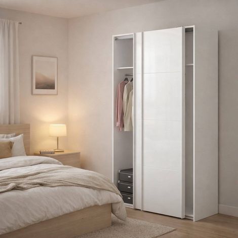 Armoire 2 Portes Adria, Penderie Chambre un Étagère, Porte-manteaux, 61,7x220h cm Blanc (1/5)