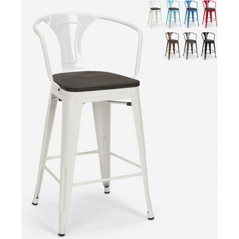 taburete de metal y madera con respaldo de diseño industrial estilo steel wood back - Blanco (1/5)