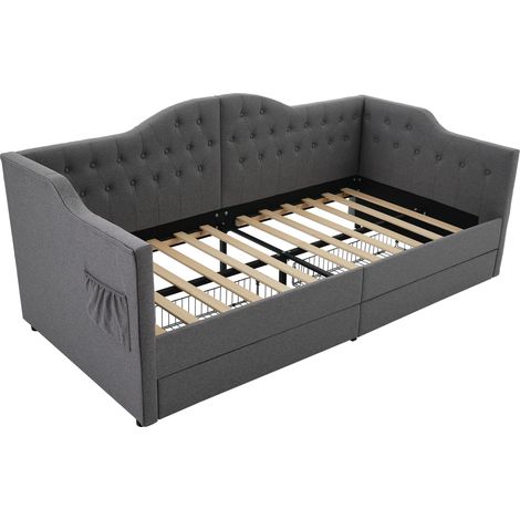 Lit banquette rembourré gris en lin 90 x 190 cm avec 2 tiroirs et ports USB Type C (1/5)