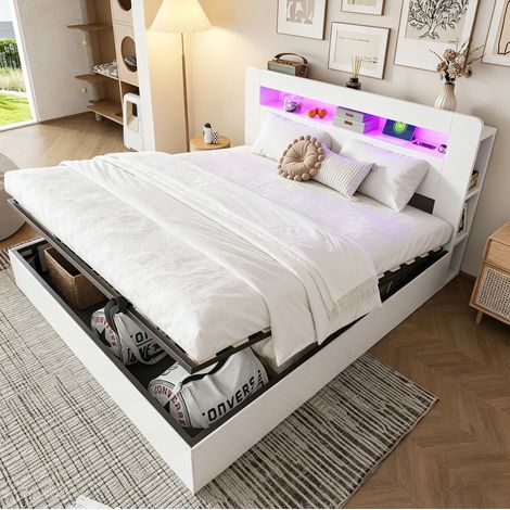 Bett modern aus Holz Weiß 180x200 cm mit Stauraum-Kopfteil, LED, Steckdosen und hydraulischem Bettkasten (1/5)