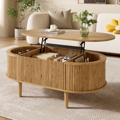Table basse ovale relevable 100x48x54,5 cm, table de salon effet chêne avec rangement compartimenté, façade cannelée, pieds pin massif