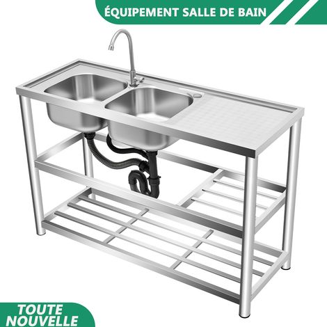 WAOBDLA Lavabo de cuisine de restaurant commercial avec robinet et drainage double bassin en acier inoxydable indépendant (1/5)