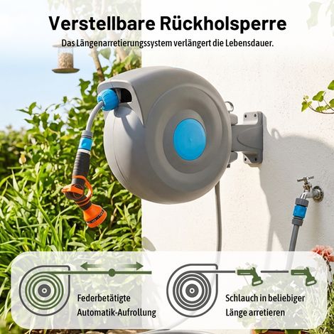 Support mural pour flexible 20m avec enrouleur automatique, tuyau de jardin rétractable & pistolet de pulvérisation 9 modes, résistant UV et gel, pivotant 180°, livré avec fixations et kit de montage. (1/5)
