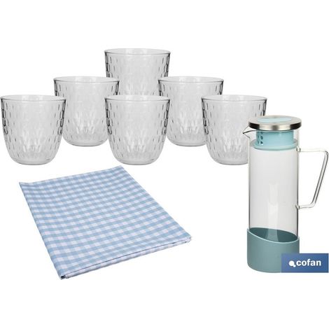 Set de mesa con jarra vidrio borosilicato 1.3L y hule floral 1.4x1.4m (1/4)