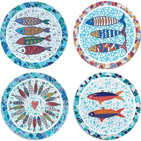 Dessous de plat en céramique avec motif poisson Trencadis, ensemble de 4 unités pour décoration de table et cadeaux spéciaux