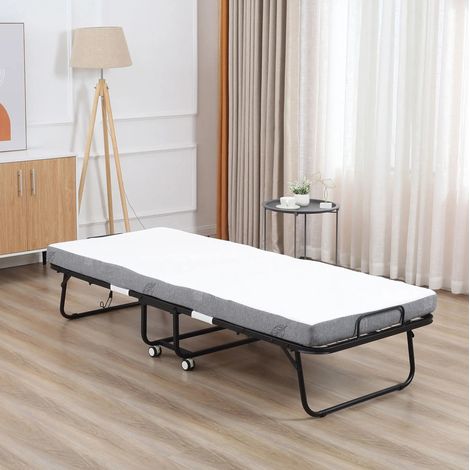 Cama plegable para invitados con ruedas, acero y espuma, blanco y negro, 200 x 75 x 42,5 cm (1/5)