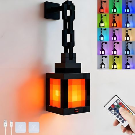 Lámparas de pared infantiles Pixel - 16 colores - Luz ambiental LED con mando a distancia y regulador de intensidad - Linterna Pixel retro - Funciona con pilas USB - Lámpara de pared para dormitorio