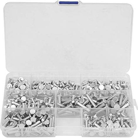 Rivets pleins, kit de 350 rivets M4 à tête plate pleine, inserts borgnes, rivets en aluminium, longueurs 4/6/8/10/12/16/20 mm, pour applications domestiques et automobiles. (1/5)