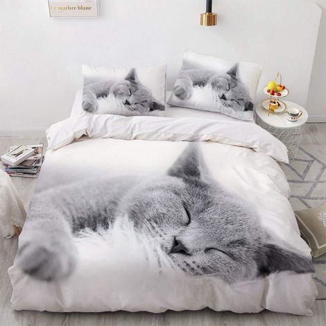Literie 200x220cm motif chat, microfibre, 2 taies d'oreiller 80x80cm