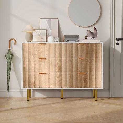 Commode avec 6 Tiroirs en Bois Massif Buffet Armoire de Rangement Poignées et Pieds Robustes 100 x 34 x 73 cm pour Chambre Bureau Salon Entrée (Bois naturel + Blanc) (1/5)