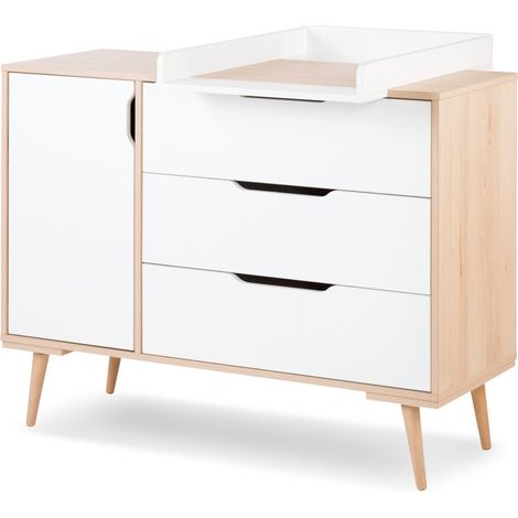 Monmobilierdesign – Commode à langer 120x45cm avec 3 tiroirs et étagères – Plateau à langer amovible – Fabrication européenne en aggloméré et hêtre