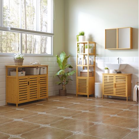 Armadio bagno 36x33x140 cm color legno naturale in bambù con 3 ripiani aperti e anta a lamelle (1/5)