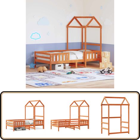 Massivholzbett mit Dach Wachsbraun 90x190 cm Kiefer - Kinderbett - Holzkinderbett - Kiefernholzbett - Kinderspielzelt - Jugendzimmer Dekoration