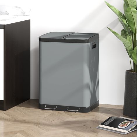 OKWISH Doppel-Pedal-Mülleimer 2x30 L aus grauem Metall mit Deckel (1/5)