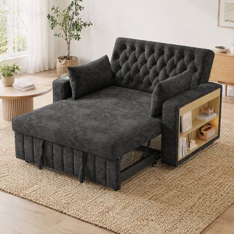 Canapé lit 2 places en tissu gris, dossier 3 positions, port USB, porte-gobelet, rangements latéraux et 2 coussins, convertible pour salon  CHICFURN (1/5)
