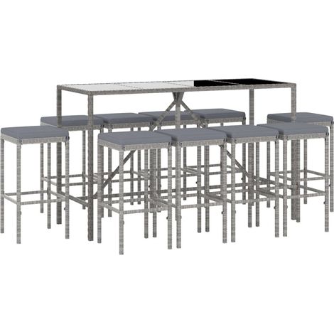 Set bar da giardino da 11 pezzi con cuscini in polyrattan grigio 020013360