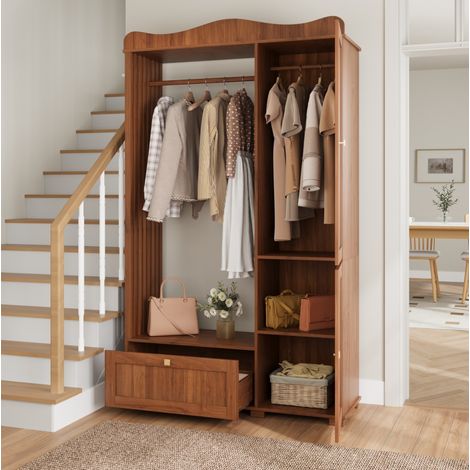 Offener Kleiderschrank mit Ganzkörperspiegel, MDF in Nussbaum, 115,5 x 38,5 x 194,5 cm, OKWISH (1/5)
