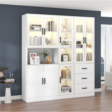Vitrine combinée blanche 180 x 40 x 200 cm avec LED, 8 portes et 3 tiroirs (1/5)