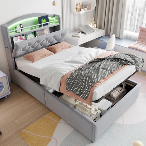 Kinderbett 90/200 cm grau aus Samt mit Stauraum, LED und USB (1/5)