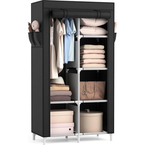 Armoire Chambre en Tissu, Armoire Penderie 2 Portes avec Barre de Suspension et Étagères, Penderie Tissu avec Housse pour Vestiaire Dressing Chambre (Noir, 84 x 42 x 162 cm) (1/5)