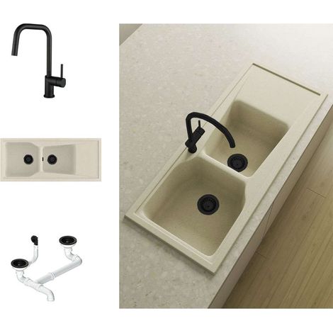Pack Evier 2 bacs avec égouttoir POALGI City Pumice + mitigeur avec douchette + bonde noire (1/5)