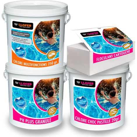Llofer – Kit de traitement piscine – 5KG PH plus – 5KG chlore multifonctions galets 250g – 5KG chlore choc pastilles 20g – 1KG floculant chaussette