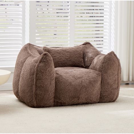 Fauteuil pouf géant avec coussin, en faux fur, 123 x 97 x 73 cm, kaki, REDOM (1/5)