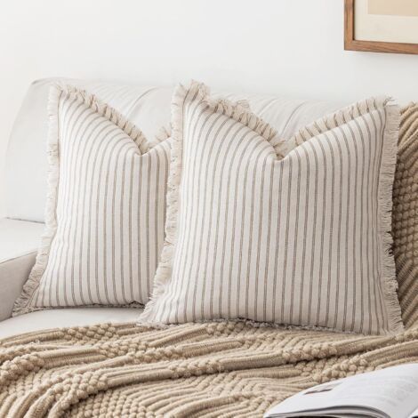 Lot de 2 housses de coussin à rayures style ferme 45 x 45 cm, style bohème, avec franges et pompons, en coton chic, décoratives, modernes, carrées et neutres, kaki