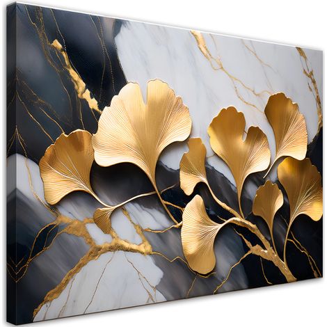 Tableau déco Ginko Botanique Fleurs Marbre Gris Or 90x60 (1/5)