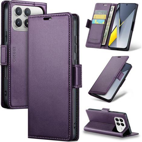 Funda para Xiaomi Poco F8 Pro, tipo cartera con tapa abatible color lichi brillante, color morado. (1/5)