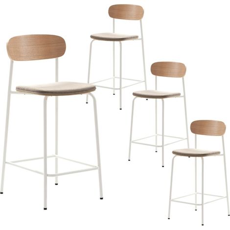Lot de 4 tabourets de bar dossier bois assise tissu beige et pieds métal blanc - RIDILA (1/5)