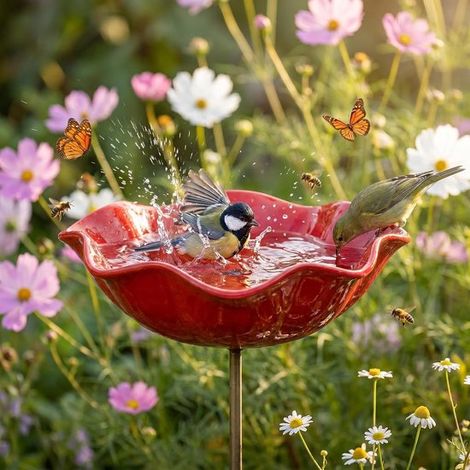 Décoration de jardin en métal avec fleurs - 1 pièce - Rouge - Avec bain d'oiseaux et mangeoire à abeilles - Hôtel à insectes - Accessoires de jardin (1/5)