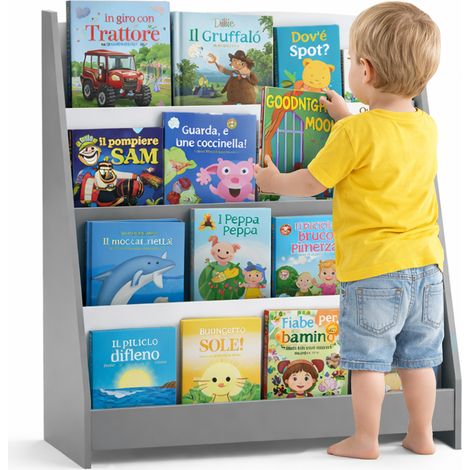 Libreria Montessoriana Grigio in Legno Scaffale Porta Libri Bambini 80x30x88cm