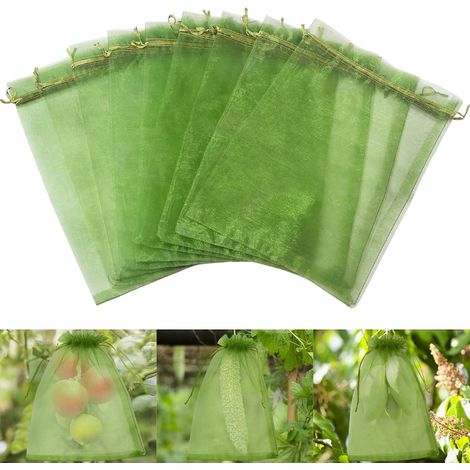 Sachet Protection Raisin,100pcs Sac Protection Fruits, Sachets en Organza Respirant avec Cordon de Serrage 30x20cm pour Potéger Les Grappes de Raisin des Frelons et des Oiseaux (Vert Foncé) (1/5)