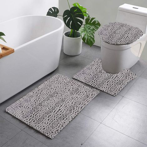 Set of 3 chenille bath mats, soft, non-slip, rectangular, absorbent, durable long pile for bathtub, shower, bathroom, toilet (light grey) (1/5)