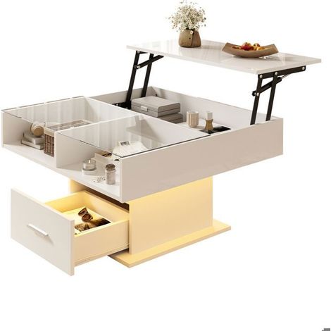 Table Basse Relevable éclairage LED hauteur réglable rangement flexible finition brillant design moderne (1/5)