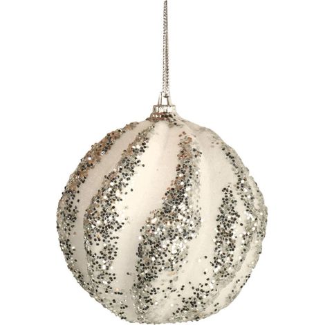 Pallina di polistirolo bianca e argento con glitter e paillettes, convessa (1/2)