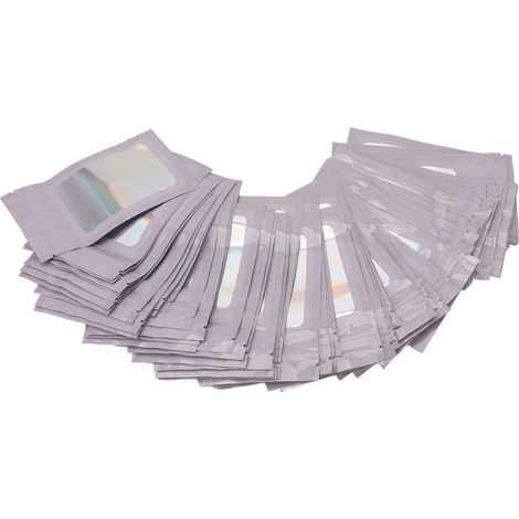 100 sachets holographiques refermables anti-odeur avec fenêtre transparente, violets, pour gloss à lèvres, emballage étanche aux arômes (1/5)
