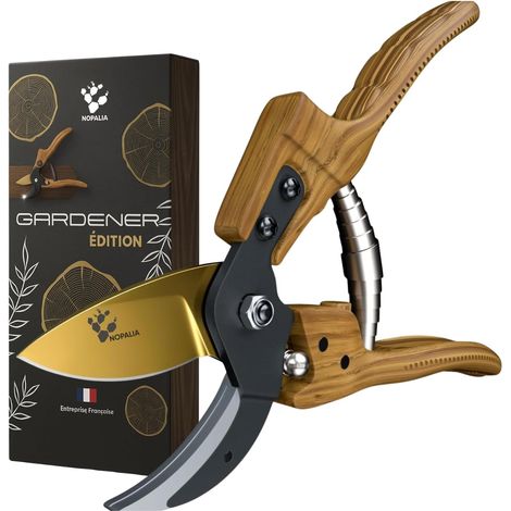 Sécateur Premium Aluminium Effet Bois Naturel - Lame Or SK5 Acier Japonais Coupe 25 mm Précise, Ergonomique Anti-Fatigue - Outil Jardin Pro Éco Cadeau Jardinage Noël - Made in France (1/5)
