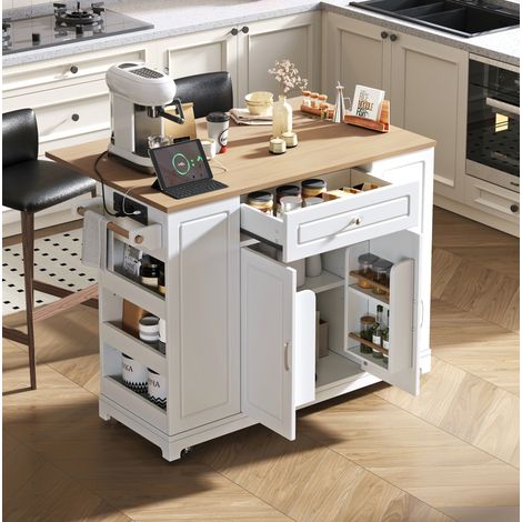 Meuble de cuisine îlot de cuisine sur roulettes, plan de travail extensible, blanc et naturel HAVRYA (1/5)