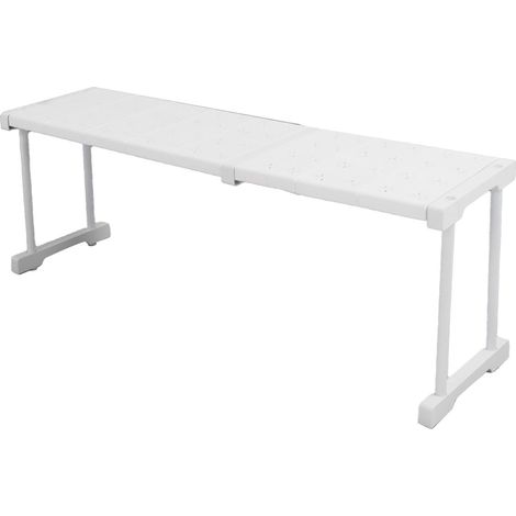 Étagère extensible empilable supportant une charge de 55 kg (121 lb) avec séparateur pour rangement, pour placard, armoire ou penderie. Longueur : 67 à 88 cm (26,4 à 34,6 po). (1/5)