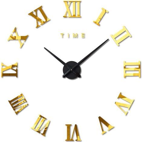 Moderne DIY Grand Pendule Murale Chiffres Romains Big Montre Stickers 3D Horloge Montre Murale Home Office Décoration Amovible (Batterie Non Inclus) Doré (1/4)