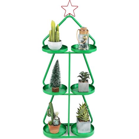 COSTWAY Porta Piante in Metallo, Supporto per Piante a 3 Livelli a Forma di Albero con Stella Rossa e Vassoi per Stoccaggio, Struttura in Metallo, Mensole Espositivo per Decorazioni Festive (1/5)