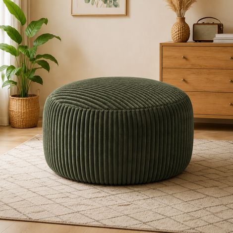 Poltrona pouf rotonda, imbottitura in memory foam granulare a rimbalzo, tessuto in corduroy verde (1/5)