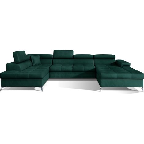 Canapé panoramique convertible KUTTY velours - Rangement et têtières réglables-Vert foncé-Coffre à gauche (1/5)